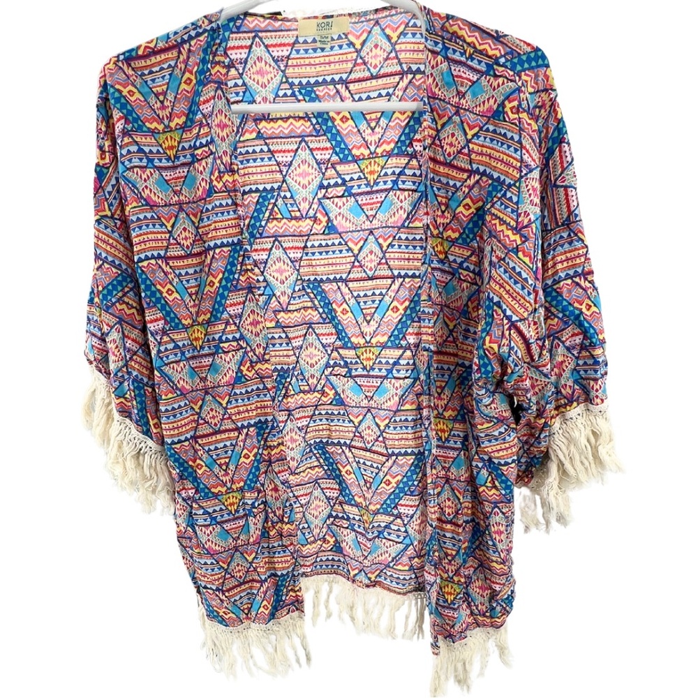 Kori America fringe kimono s/m colorful Aztec geometric lightweight coverup